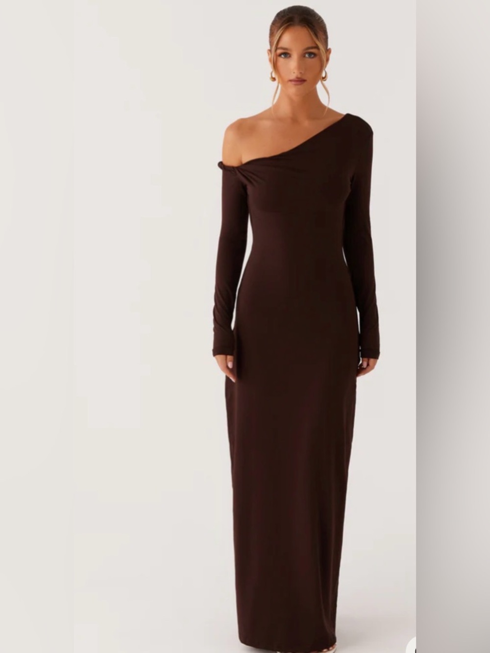 Peppermayo One-Shoulder Long Sleeve Dark Brown Maxi Dress